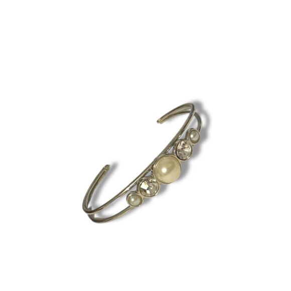 Vintage Y2K Silver Tone White Pearly Rhinestone Wide Statement Bangle Bracelet - Picture 2 of 6